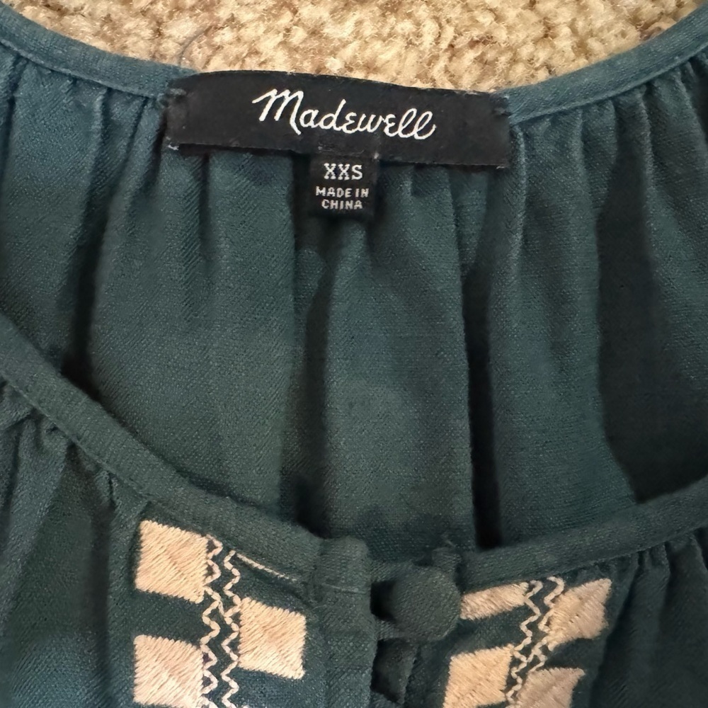 Madewell Embroidered Linen-Blend Flutter-Sleeve Mini Dress XXS Green Preppy Airy - Picture 6 of 11